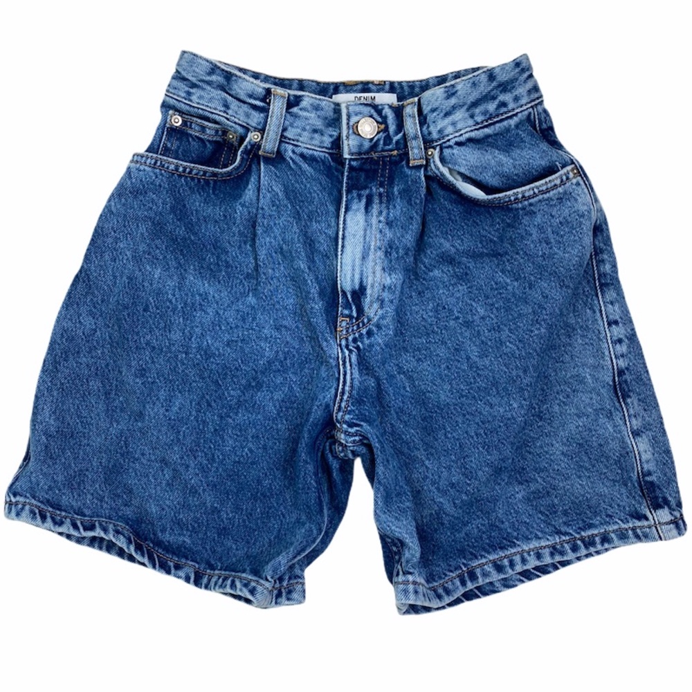 Bershka Medium Blue High-Rise Denim Shorts